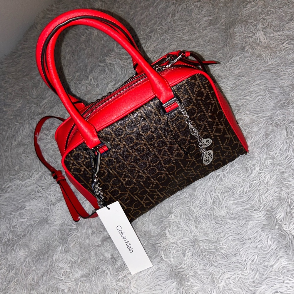 Calvin Klein Hudson Satchel Handbag Brown Monogram Red Trim Saffiano W/Strap